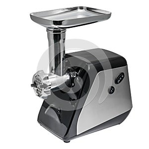 Kitchen appliances. white food processor. Steel meat grinder. side view on a white background