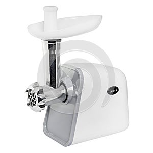 Kitchen appliances. white food processor. Steel meat grinder. side view on a white background