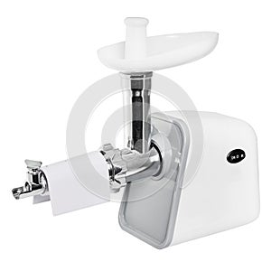 Kitchen appliances. white food processor. Steel meat grinder. side view on a white background