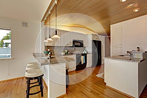 Kitchen area with paneled vaultd ceiling