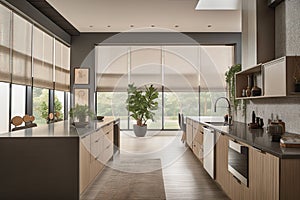 kitchen with automated blinds and custom window treatments that match cabinets