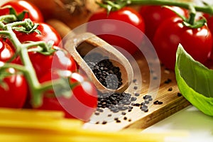 Kitchen Background Cooking Food Concept. Closeup of Cooking Process. Vegetables on Table. Cooking of Italian Pasta.