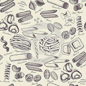 Kitchen background with traditional Italian pasta sketch. Vintage seamless pattern with hand drawn food illustrations. Cafe or res