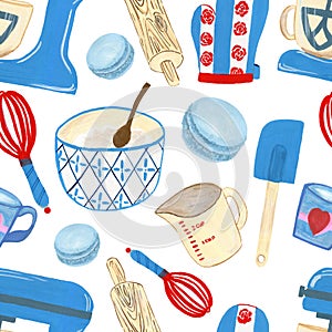 Kitchen baking mixer pattern on white background blue set color bright illustration of bake shop and pastry dessert  ornament