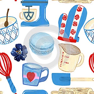 Kitchen baking mixer pattern on white background blue set color bright illustration of bake shop and pastry dessert  ornament