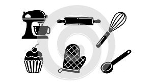 Kitchen baking tools vector set including mixer whisk rolling pin oven mitt spoon cupcake