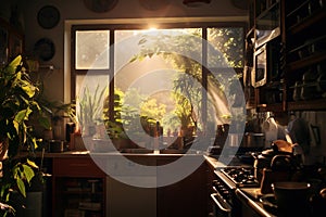 Kitchen bathed in morning sunlight with indoor plants., Generated AI