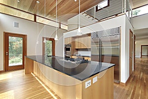 Kitchen with black granite island