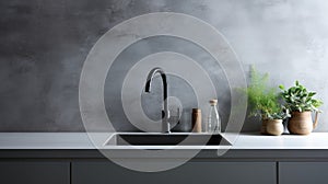 Kitchen black sink with faucet in front of grey wall