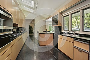 Kitchen with black speckled flooring