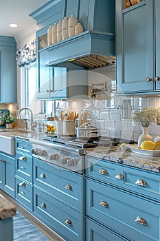 A kitchen with blue cabinets and a stove top oven, AI
