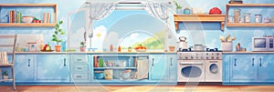 A kitchen with blue cabinets and a window, AI