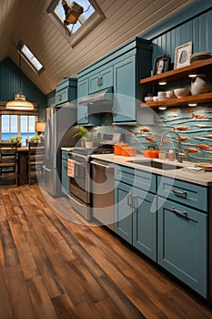 A kitchen with blue cabinets and wooden floors. Generative AI image.