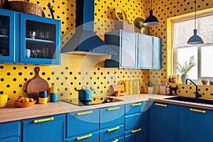 A kitchen with blue cabinets and yellow walls. Generative AI image.