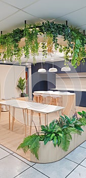 kitchen, blue and grey cabinets, orange pendant lights, polished concrete floors, hanging plant baskets, tables and chairs