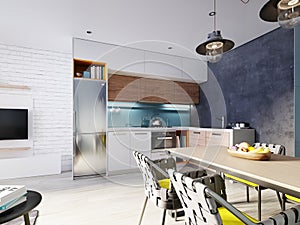 Kitchen in blue and white color with a dining table, contemporary style