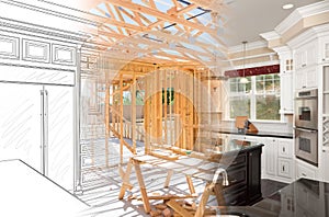 Kitchen Blueprint Drawing Gradating Into House Construction Framing Then Into Finished Build photo