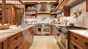 The kitchen boasts a mix of wooden cabinets in different finishes from dark cherry to light maple. The countertops are