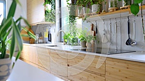 The kitchen boasts sleek and modern cabinets made from responsibly sourced bamboo paired with energyefficient stainless