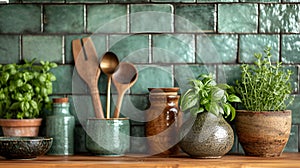 Kitchen brass utensils, chef accessories. Hanging kitchen with white tiles wall and wood tabletop.Green plant on kitchen