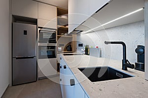 Kitchen with built in appliances of urban apartment