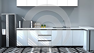 Kitchen cabinet interior cooking white table,modern food restaurant 3d rendering home design for copy space background