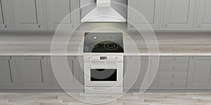 Kitchen cabinets and eletric oven with ceramic hob, wooden floor, view from above. 3d illustration