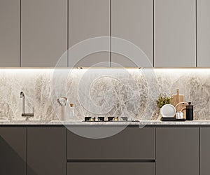 kitchen cabinets in gray color, modern kitchen interior, 3d render.