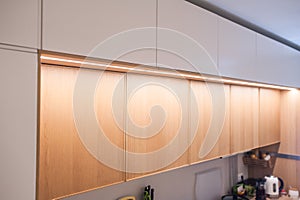 Kitchen cabinets, shelves with lighting, doors oak veneer and white. Close-up