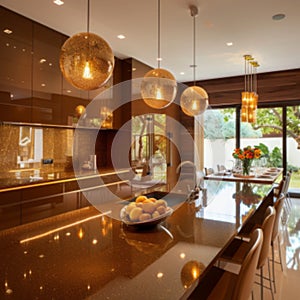 The kitchen cabinets sleek and modern, are finished in a rich caramel tone..