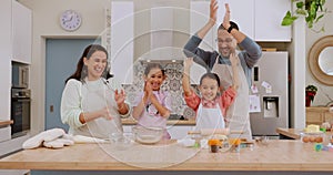 Kitchen celebration, baking and happy family applause, excited and smile for dessert, food or recipe ingredients success