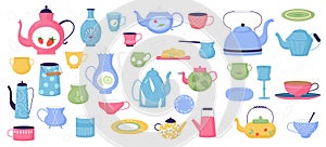 Kitchen ceramic vintage tableware set, retro kitchenware utensils or crockery collection