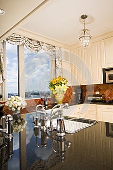 Kitchen in city apartment with skyline views