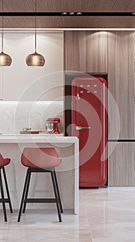 A kitchen with clean white counters and a single bold red kitchen appliance.