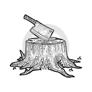 Kitchen cleaver stuck in tree stump sketch vector