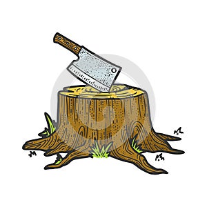 Kitchen cleaver stuck in tree stump sketch vector