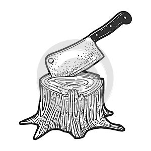 Kitchen cleaver stuck in tree stump sketch vector