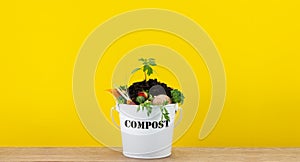 Kitchen compost bucket containing kitchen food waste with tomato plant growing in top photo