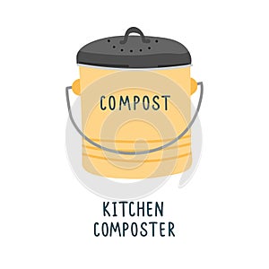 Kitchen composter, metal container with soil for biogradable trash, bin for food leftovers, isolated vector illustration