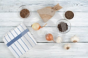 Kitchen, condiments, prescriptions record. Cooking food. Top view. Top view.