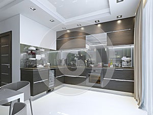 Kitchen Contemporary in brown with white walls and marble floors