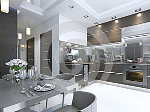 Kitchen Contemporary in brown with white walls and marble floors