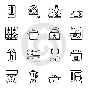Kitchen and Cooking equipment icons set. Thin line style stroke vector.