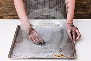 Kitchen cooking fail dirty hands clean baking pan