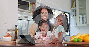 Kitchen, cooking and mother portrait with kids and tablet for recipe ingredient and food learning. Mom, young girl and