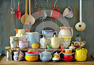 Kitchen and cooking still life with vintage kitchen utensils and crockery