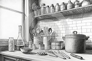 kitchen, with cooking utensils and food supplies in pencil drawing