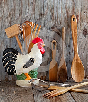 Kitchen cooking utensils: wooden spatulas, soons etc