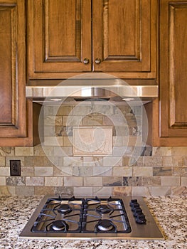 Kitchen cooktop and cabinets front view