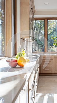 Kitchen counter with a bowl of fruit and a bowl of apples